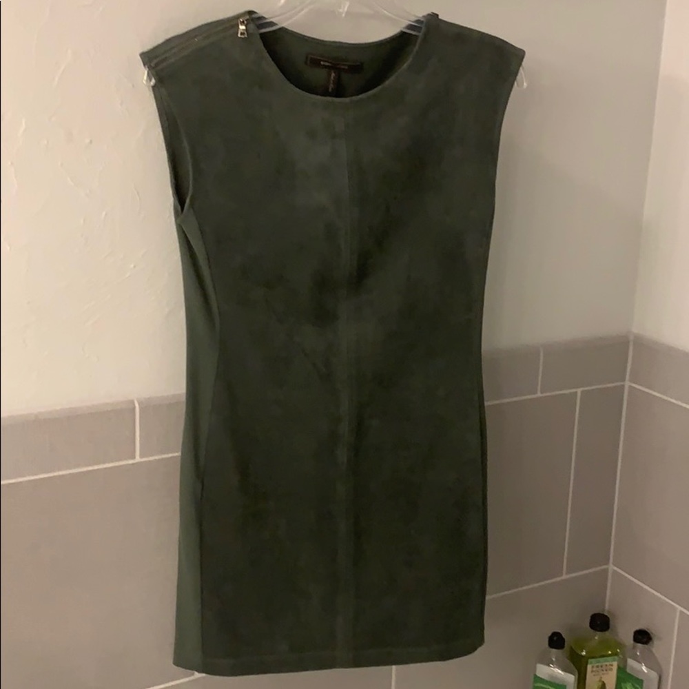 BCBG imitation suede dress with stretch on sides.